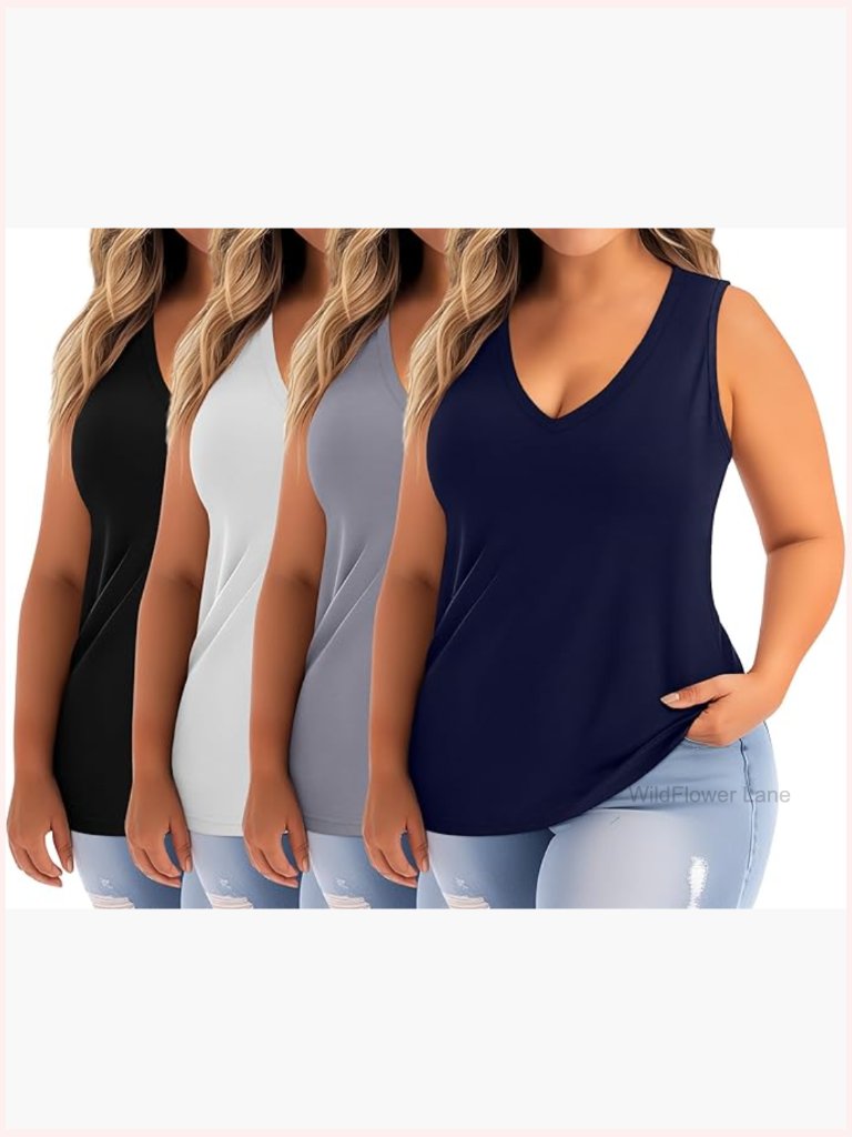 Plus Size V Neck Tank Tops 4 Pack Flowy Sleeveless Tunics Work Tees